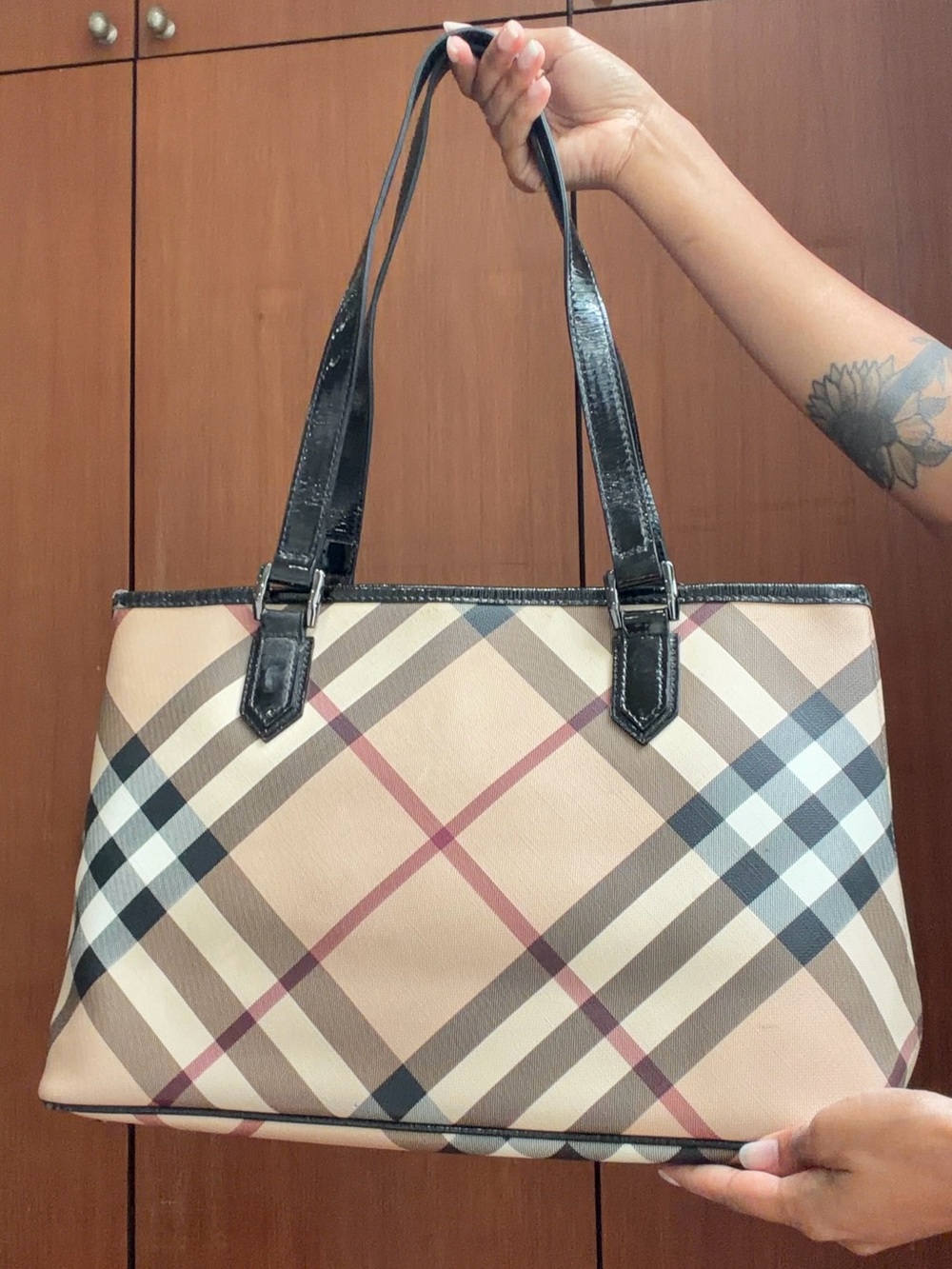 Burberry Beige Plaid Tote with Black Straps